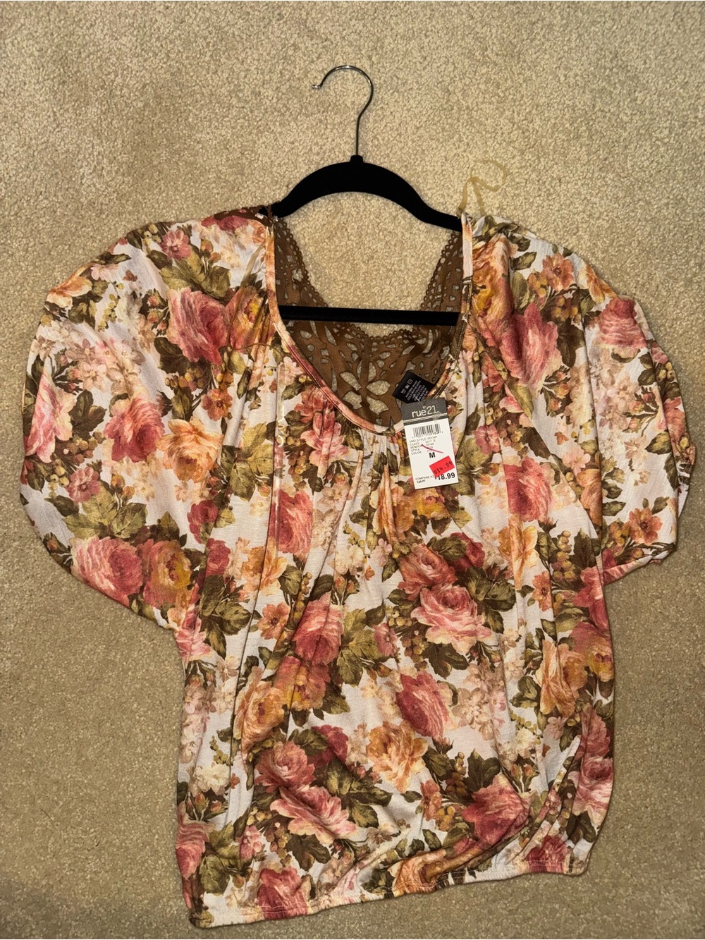 Rue21 Rose Print Puff Sleeve Blouse in Pink & Olive